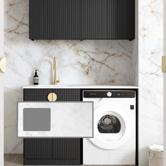 Otti Marlo 1305mm Fluted Laundry Set B - Black with Cloudy Carrara Solid Surface Stone Top LA-1305B-MA-CA-KIT | The Blue Space