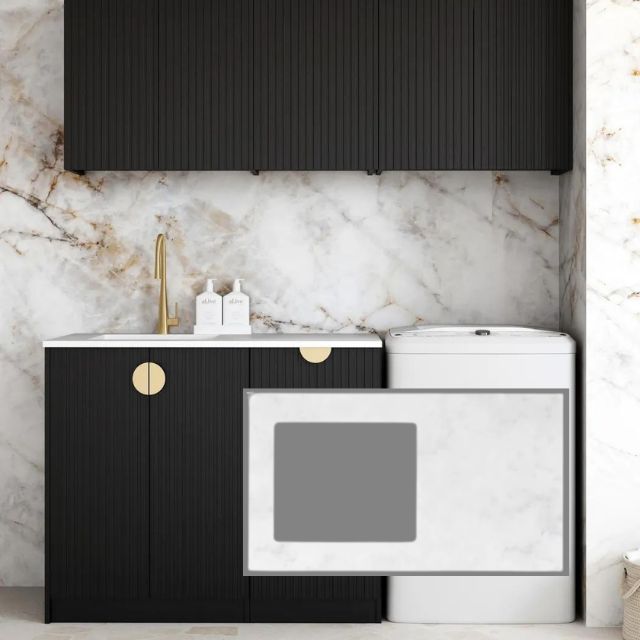 Otti Marlo 1715mm Fluted Laundry Set B - Black with Cloudy Carrara Solid Surface Stone Top LA-1715B-MA-CA-KIT | The Blue Space