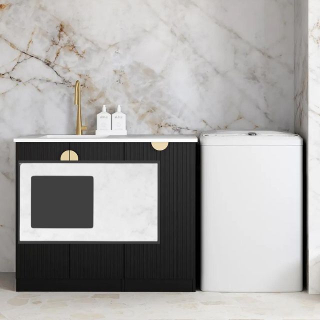 Otti Marlo Black 1060mm Laundry Cabinet Set Cloudy Carrara Solid Surface LA-1060-MA-CA-KIT | The Blue Space
