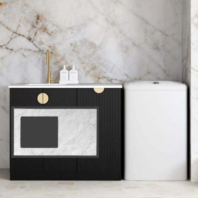 Otti Marlo Black 1060mm Laundry Cabinet Set Natural Carrara Marble LA-1060-MA-NCA-KIT | The Blue Space