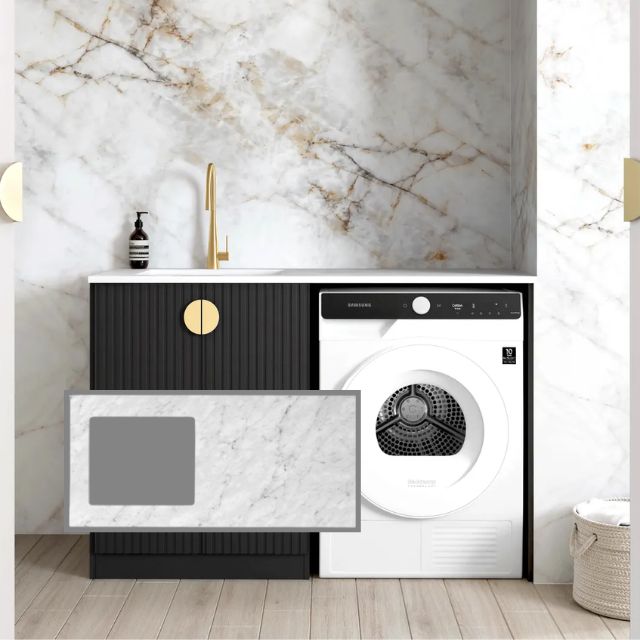 Otti Marlo Black 1300mm Laundry Cabinet Set with Natural Carrara Marble Stone Top LA-1300-MA-NCA-KIT | The Blue Space