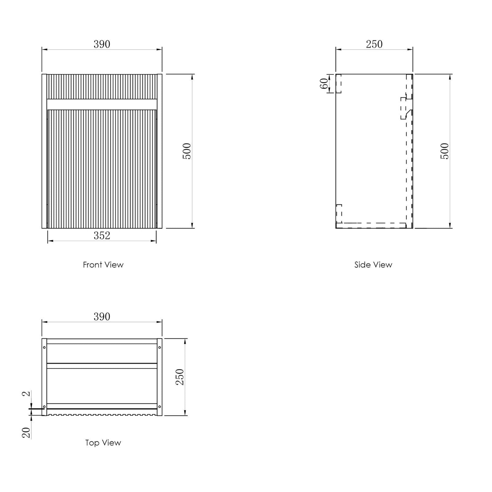 Technical Drawing Otti Mini Ensuite Wall Hung Vanity 400mm Matte White Fluted Vanity with Basin SP400MW - The Blue Space