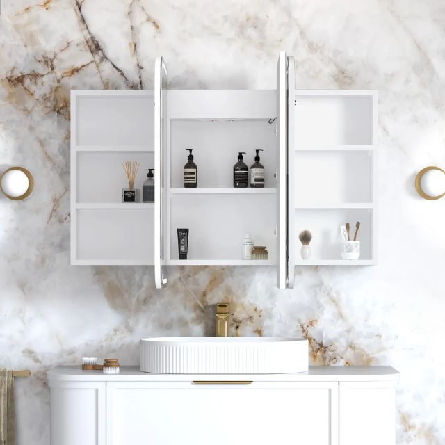 Otti Newport 1200 LED Shaving Cabinet White Matte Front View with All Door Open LED-SSQ1275-VP | The Blue Space