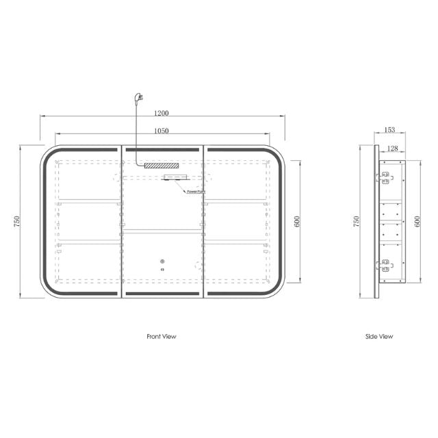 Otti Newport 1200 LED Shaving Cabinet White Matte Technical Drawing LED-SSQ1275-VP | The Blue Space