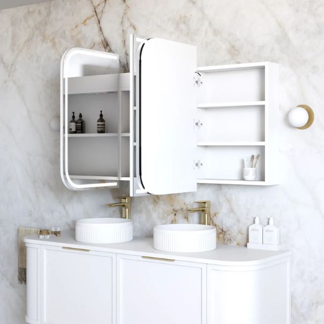 Otti Newport 1500 LED Shaving Cabinet White Matte Side View with All Door Open LED-SSQ1575-VP | The Blue Space