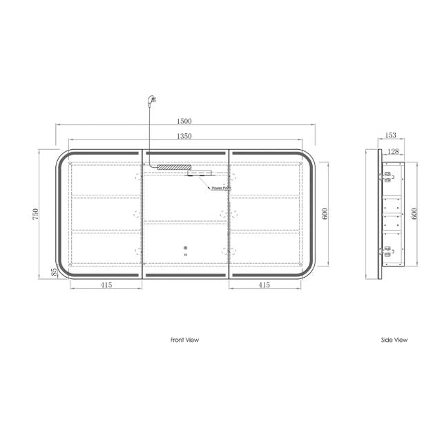 Otti Newport 1500 LED Shaving Cabinet White Matte Technical Drawing LED-SSQ1575-VP | The Blue Space
