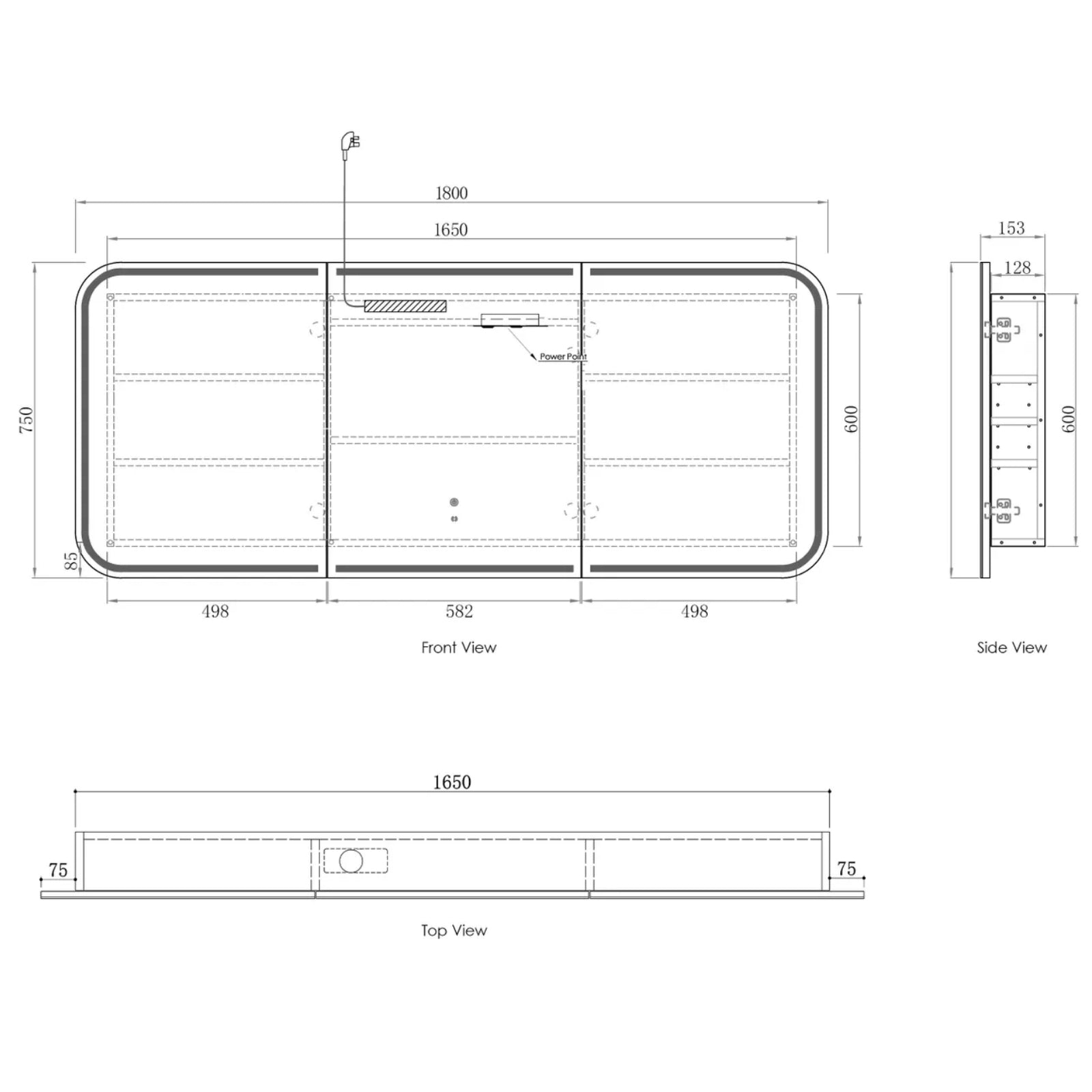 Technical Drawing Otti Newport 1800x750mm LED Shaving Cabinet Premium Edition - White LED-SSQ1875-VP - The Blue Space