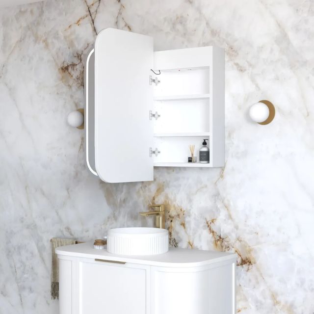 Otti Newport 900 LED Shaving Cabinet White Matte Side View with Door Open LED-SSQ9075-VP | The Blue Space