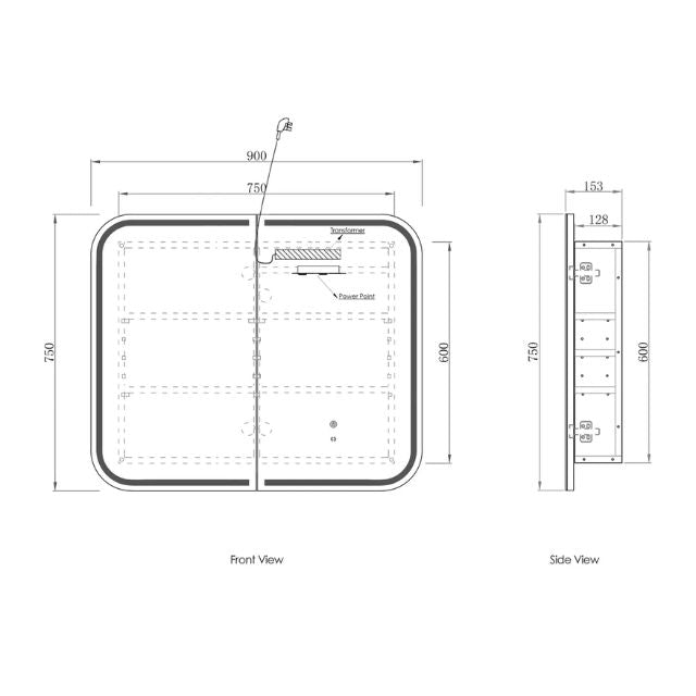 Otti Newport 900 LED Shaving Cabinet White Matte Technical Drawing LED-SSQ9075-VP | The Blue Space