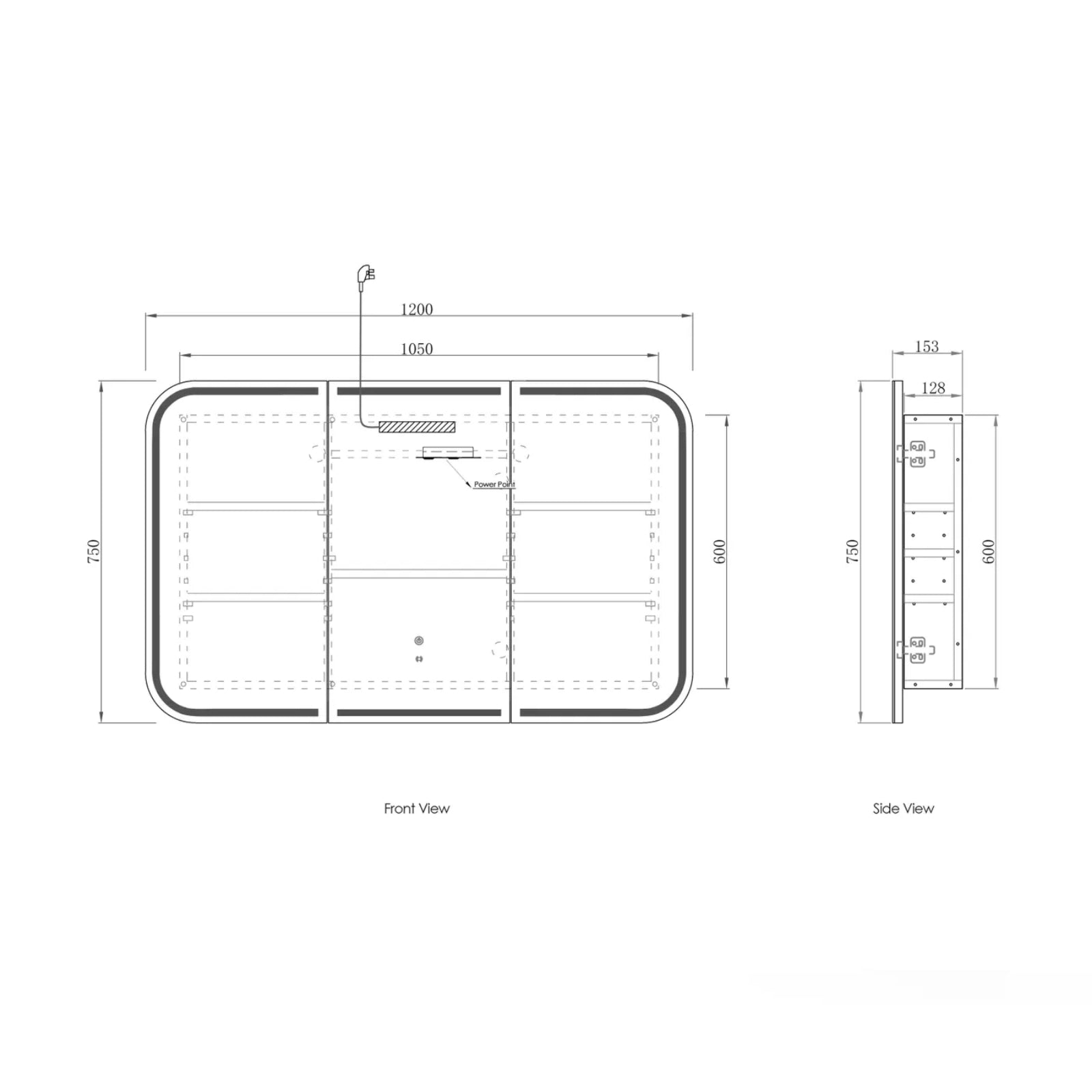 Technical Drawing Otti Newport LED Shaving Cabinet Premium Edition - Black LED-SSQ1275B-VP - The Blue Space