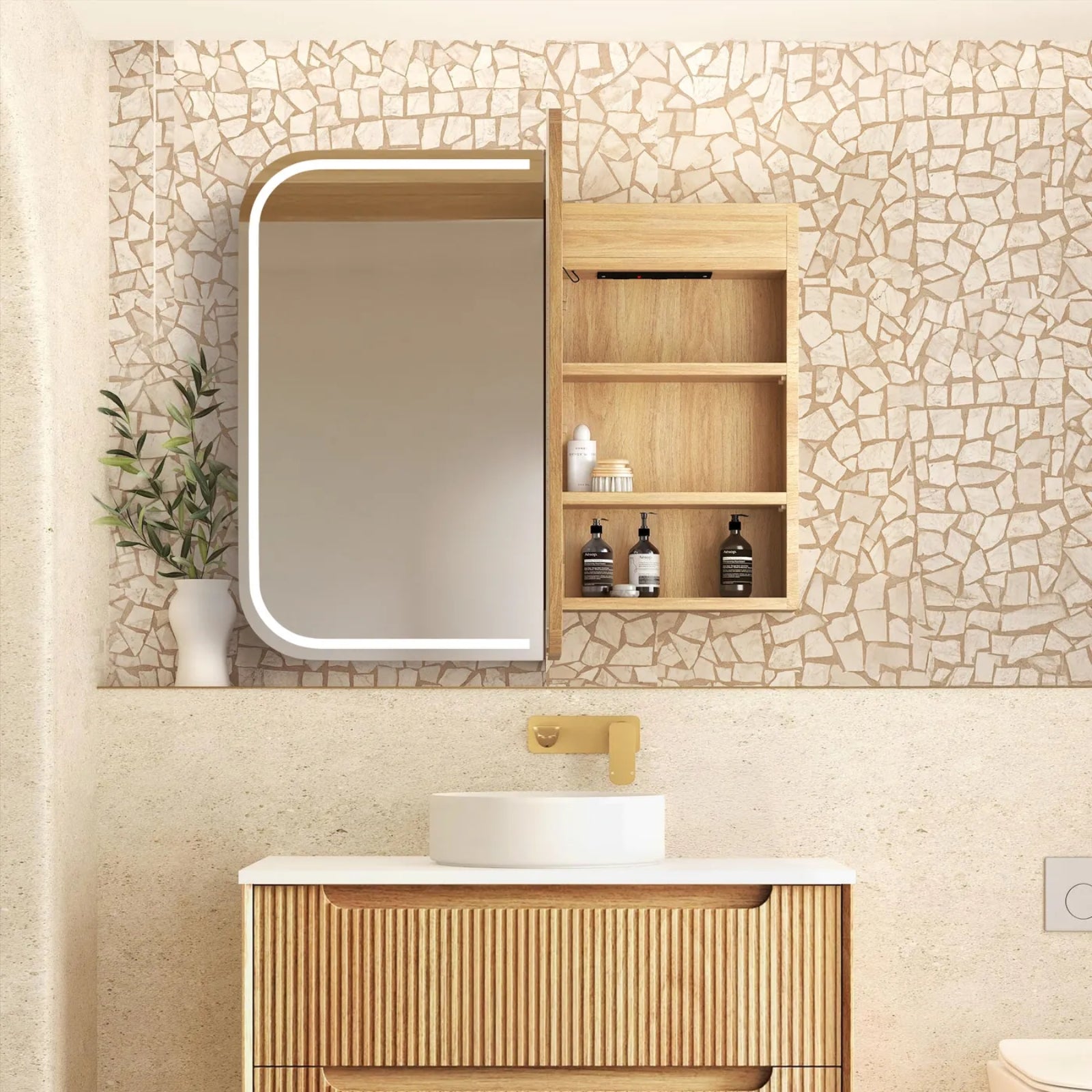 Otti Newport LED Shaving Cabinet Premium Edition - Natural Oak 900mm x 750mm Open Door LED-SSQ9075N-VP | The Blue Space