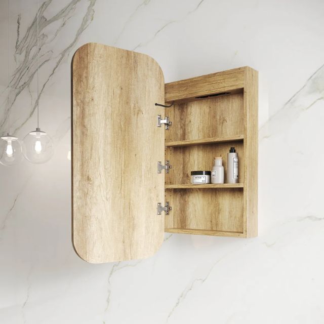 Otti Newport Soft Square LED Shaving Cabinet Natural Oak Side View with Cabinet Open LED-SSQ9045N-VP | The Blue Space