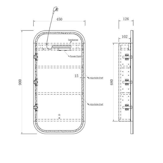 Otti Newport Soft Square LED Shaving Cabinet Natural Oak Technical Drawing LED-SSQ9045N-VP | The Blue Space