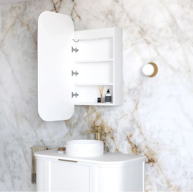 Otti Newport Soft Square LED Shaving Cabinet White Side View with Cabinet Open LED-SSQ9045-VP | The Blue Space