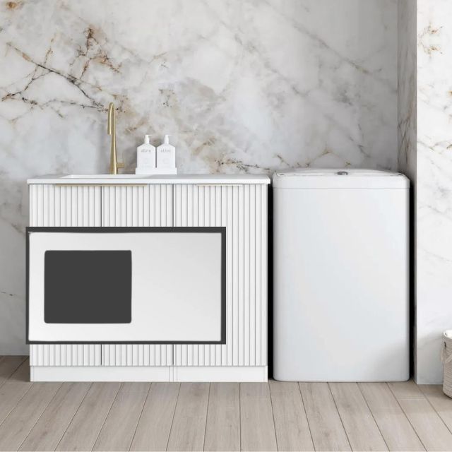 Otti Noosa Fluted White 1060mm Laundry Cabinet Set Pure White Solid Surface LA-1060-NSW-PW-KIT | The Blue Space
