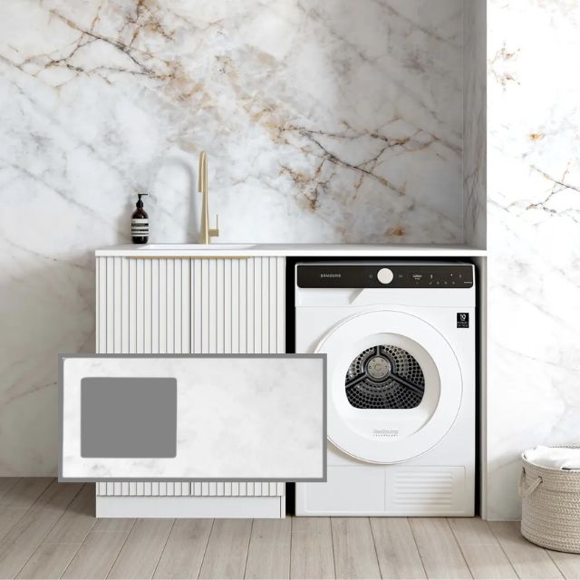 Otti Noosa Fluted White 1300mm Laundry Cabinet Set with Cloudy Carrara Solid Surface stone top LA-1300-NSW-CA-KIT | The Blue Space