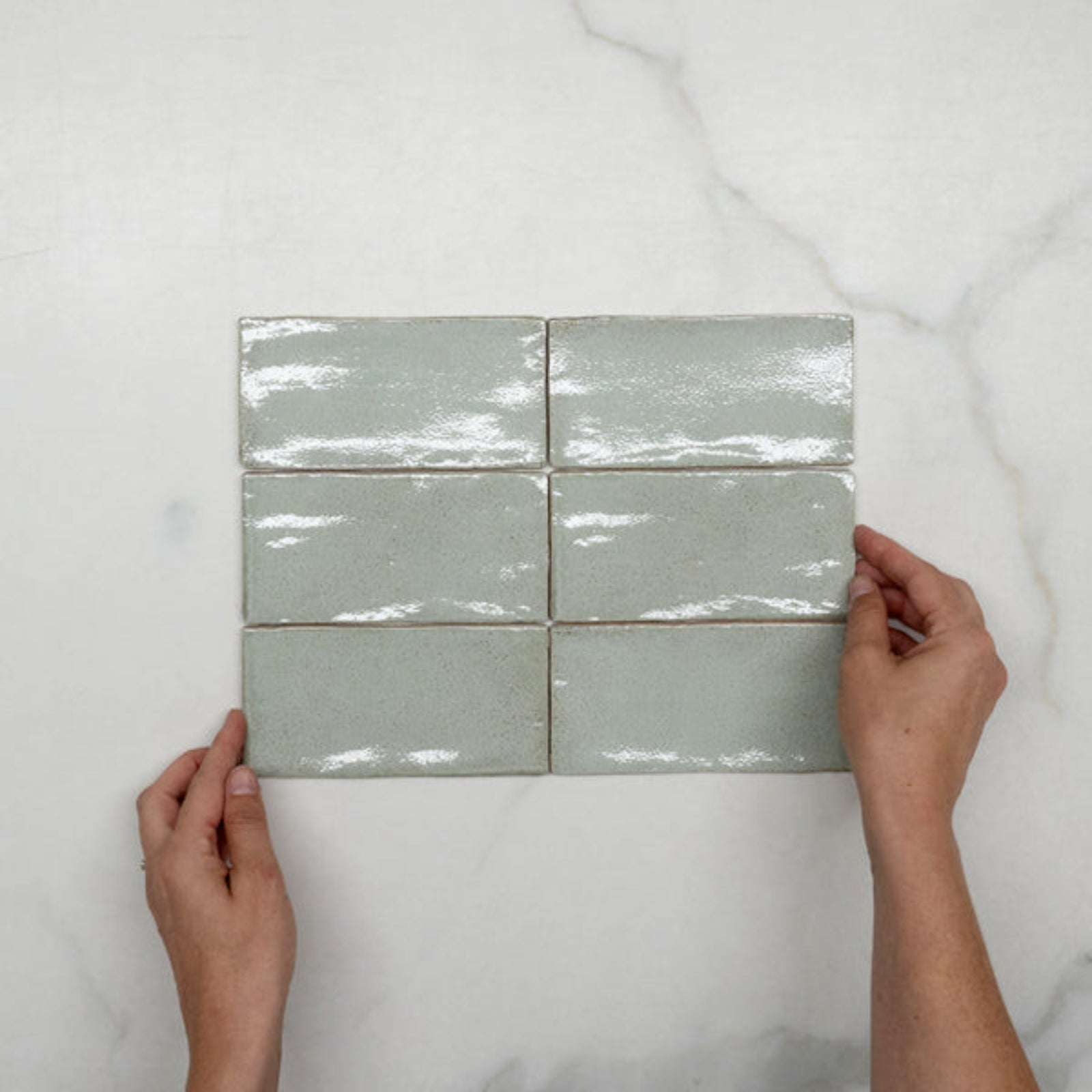 With Hand Pale Green Dianna Hand Made Subway Tile 75 x 150 x 9mm Spanish Ceramic | The Blue Space
