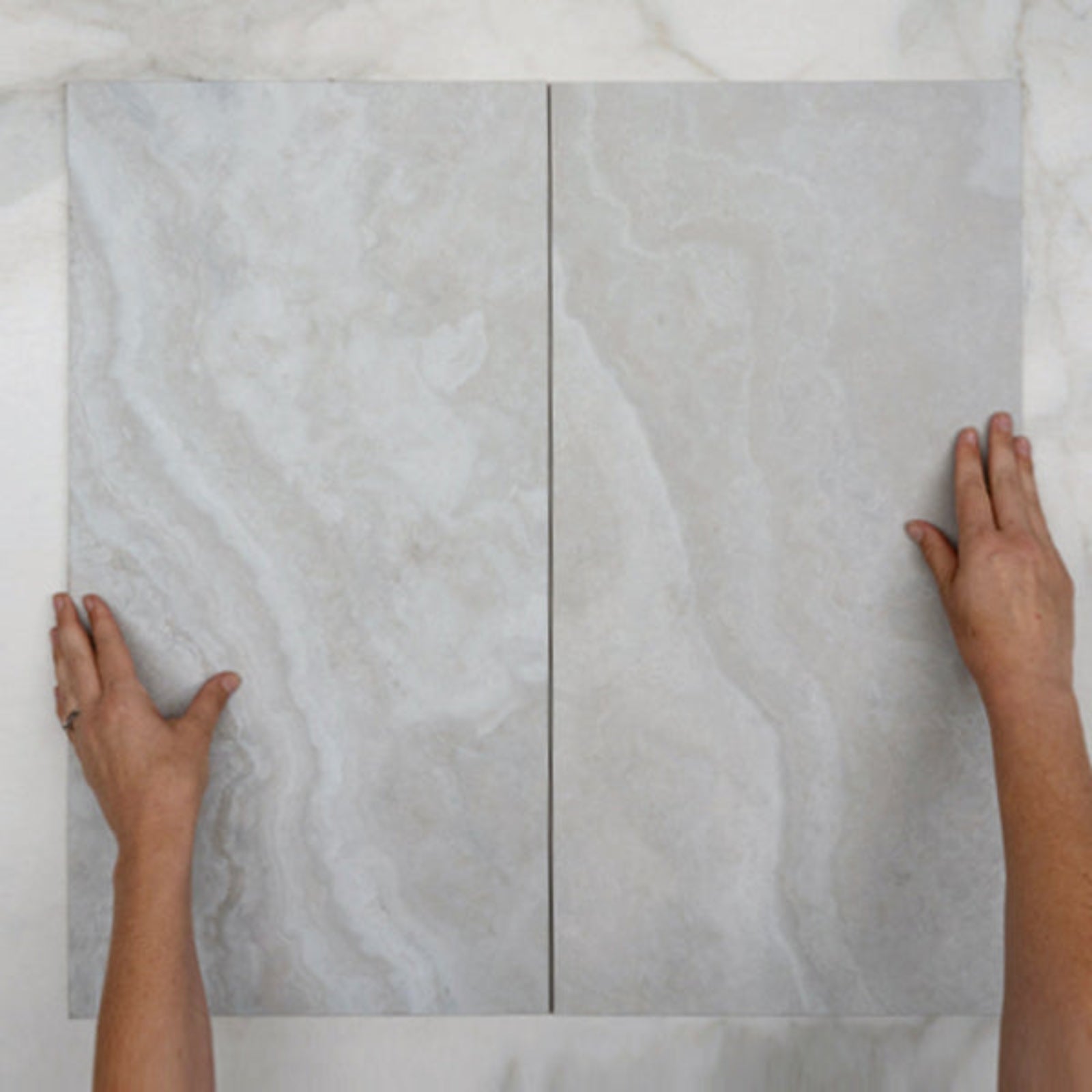 Double WIth Hand Pearl Ivy Vein Cut Travertine Look Tile Tech Grip 300 x 600 x 10mm Porcelain - The Blue Space