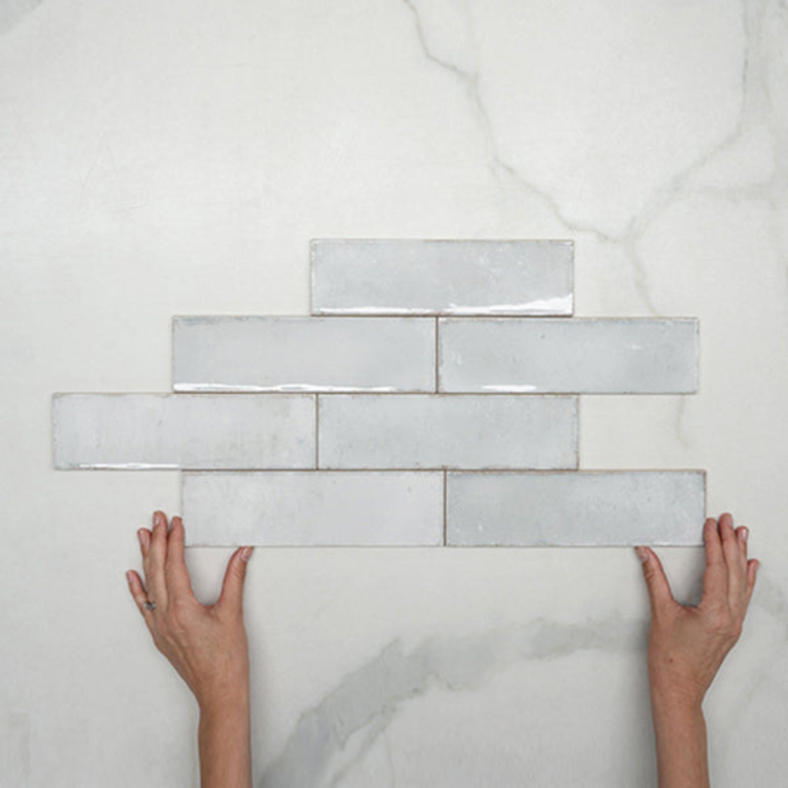 Pattern With Hand Pearl White Leon Spanish Subway Tile Gloss 69 x 240mm Ceramic - The Blue Space