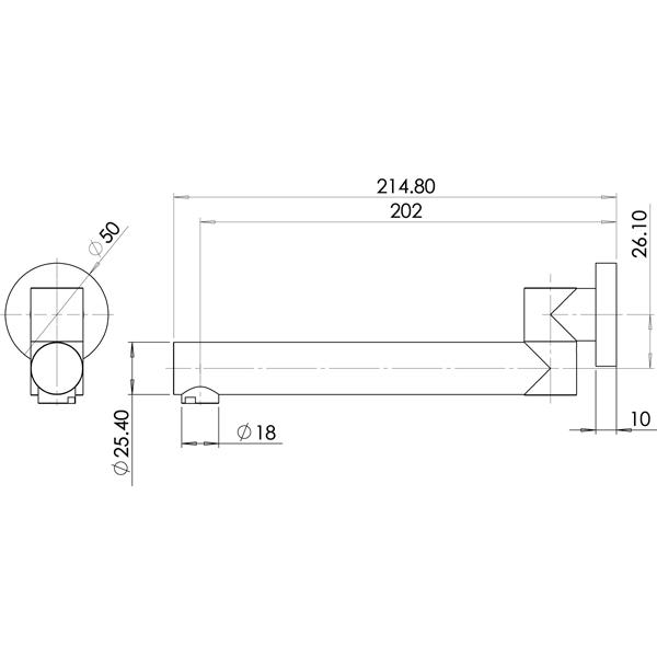 Phoenix Bath Outlet Round Swivel 200mm - specs - line drawing and dimensions