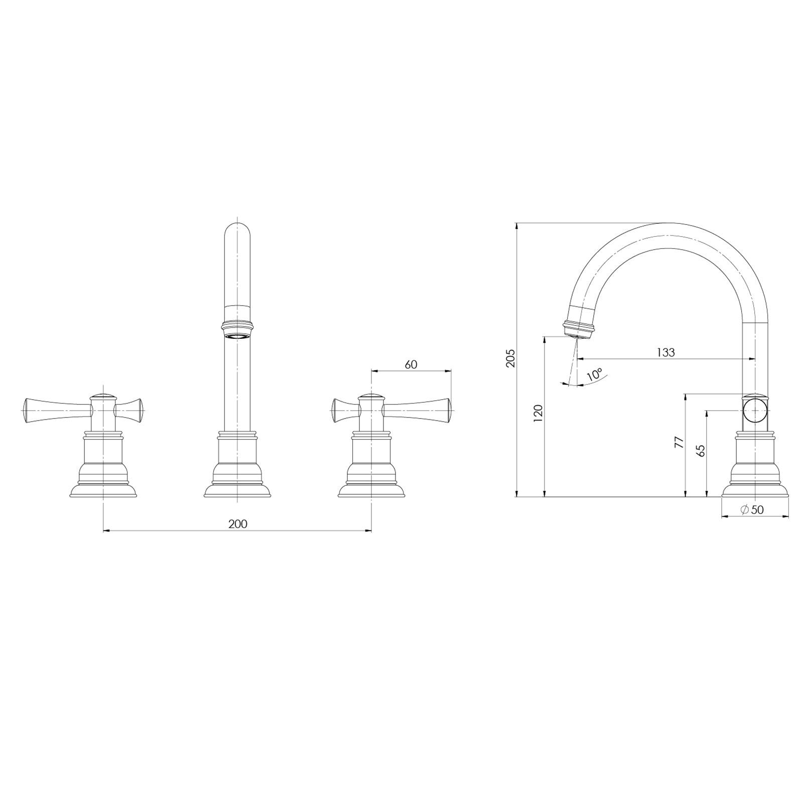 Technical Drawing Phoenix Cromford Basin Set - Brushed Bronze 134-1030-24-1 - The Blue Space