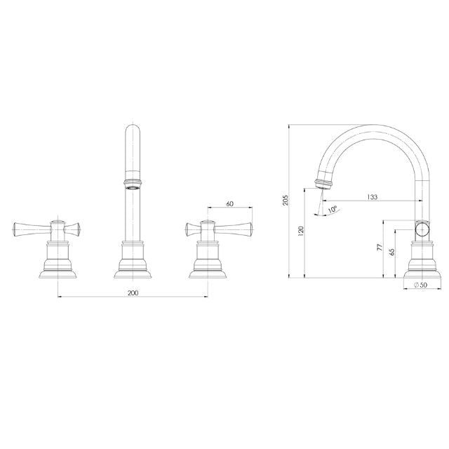 Technical Drawing Phoenix Cromford Basin Set Brushed Nickel 134-1030-40-1 - The Blue Space