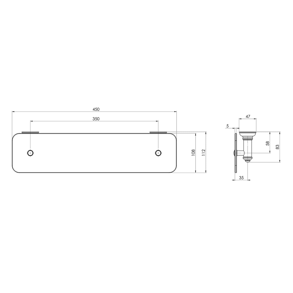 Technical Drawing Phoenix Cromford Glass Shelf 450mm - Brushed Bronze 134-8600-24 - The Blue Space