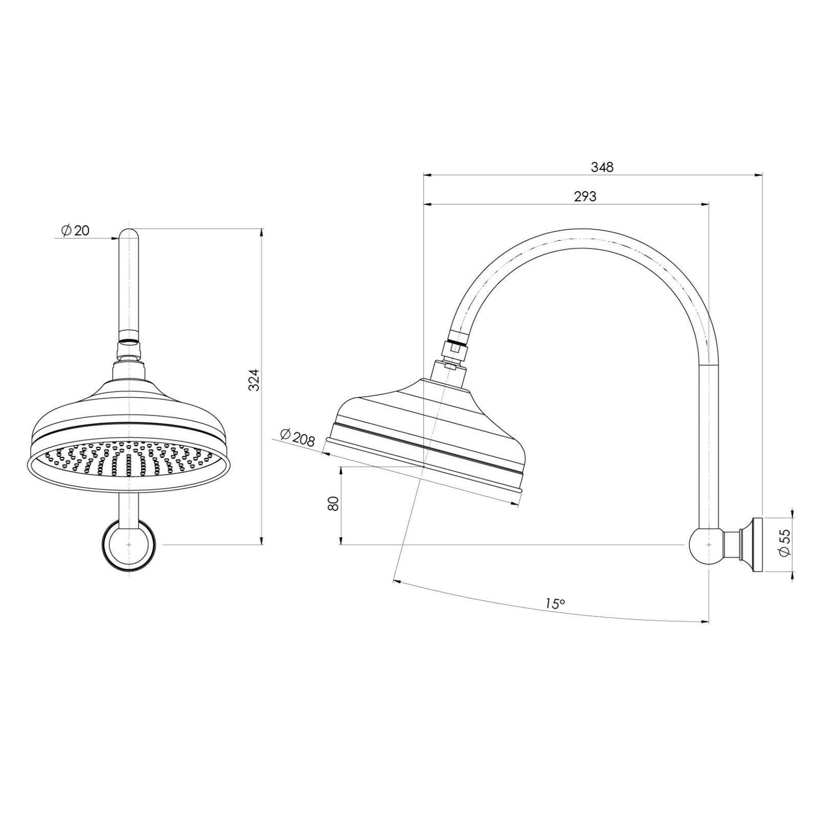 Technical Drawing Phoenix Cromford High Rise Shower Arm & Rose 210mm Brushed Nickel 134-5302-40 - The Blue Space