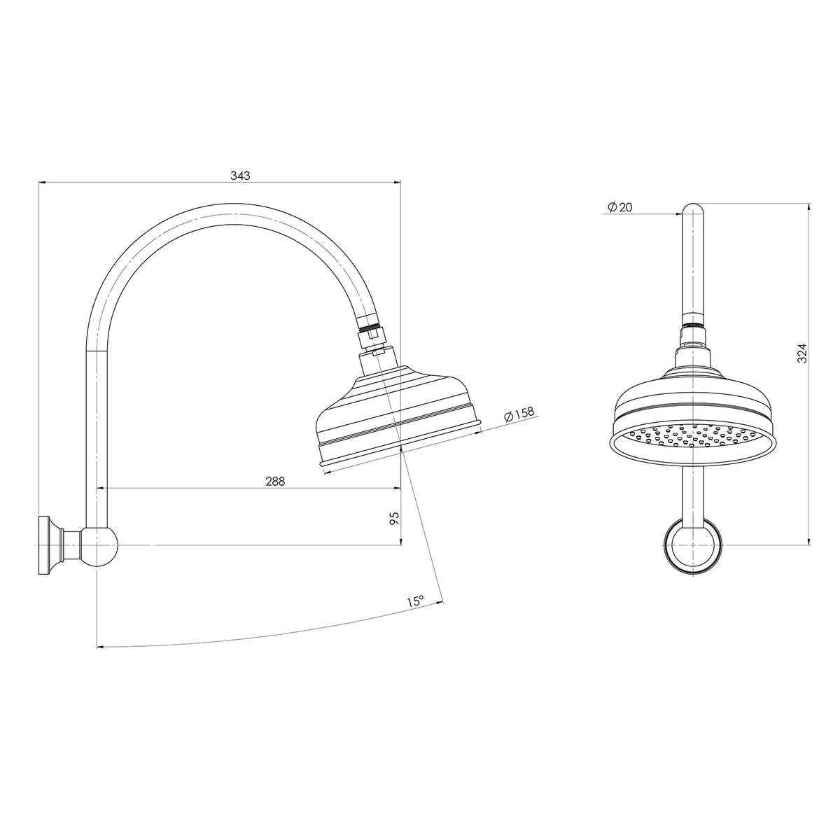 Technical Drawing Phoenix Cromford High Rise Shower Arm Rose - Brushed Bronze 134-5300-24 - The Blue Space