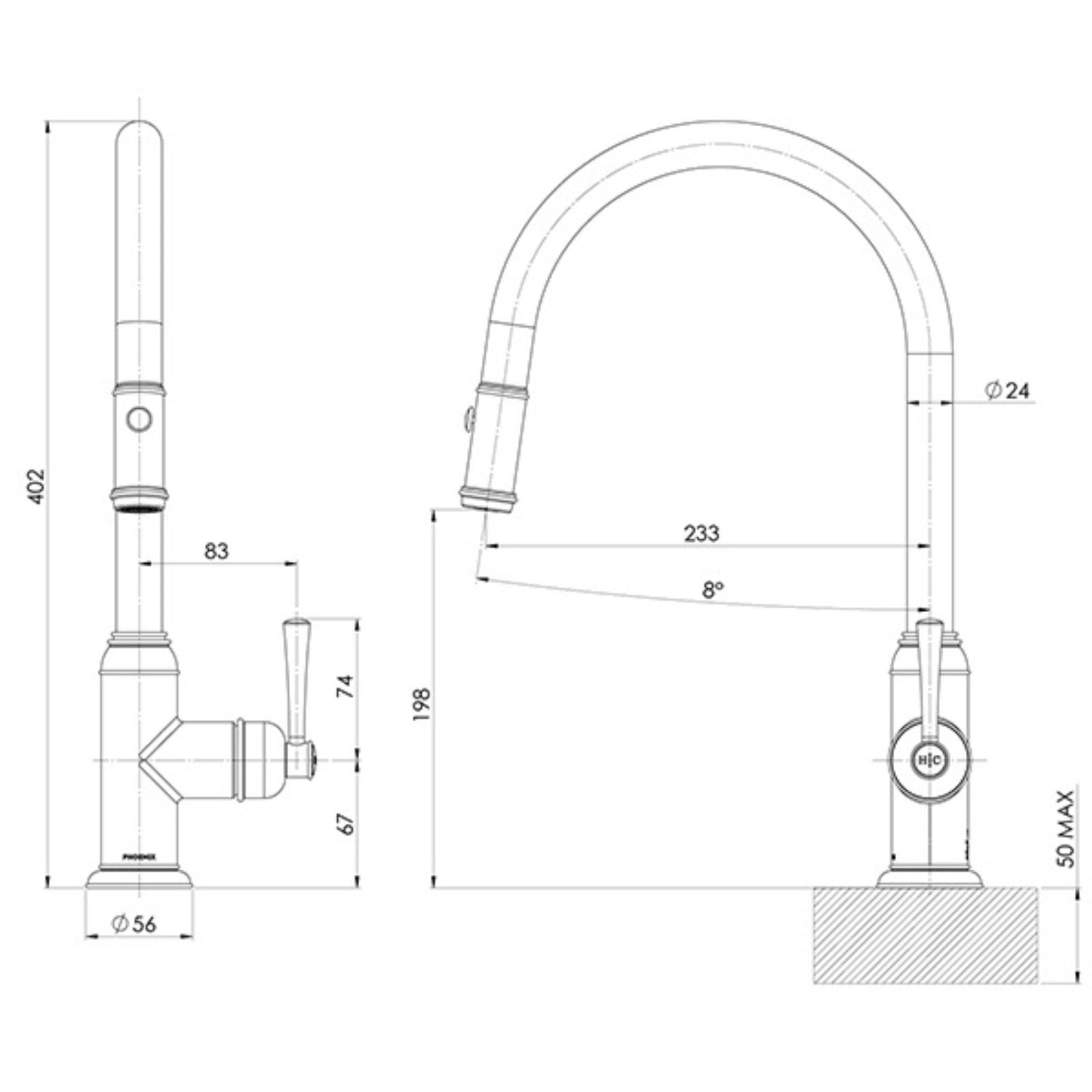 Technical Drawing Phoenix Cromford Pull Out Sink Mixer - Brushed Gold 134-7120-12-1 - The Blue Space