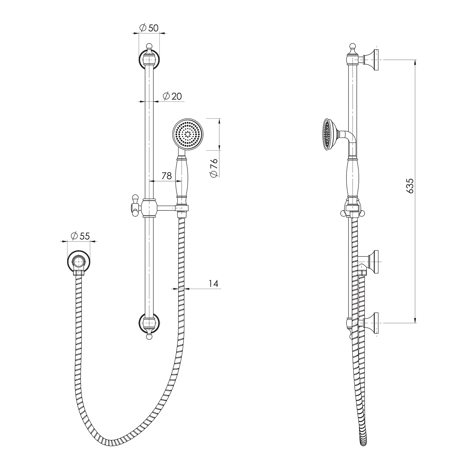 Technical Drawing Phoenix Cromford Rail Shower - Brushed Bronze 134-6810-24 - The Blue Space