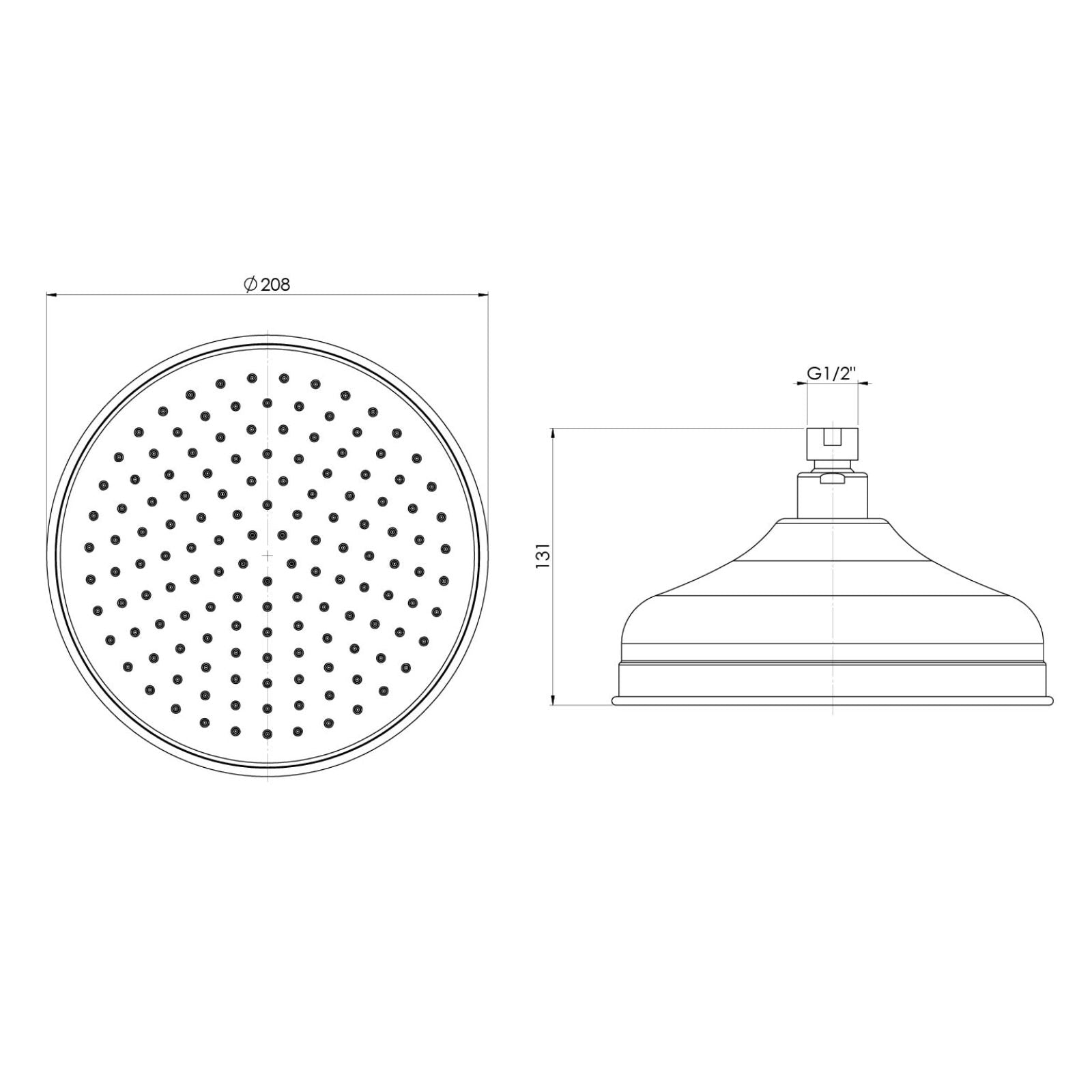 Technical Drawing Phoenix Cromford Shower Rose 210mm Brushed Gold 134-5002-12 - The Blue Space