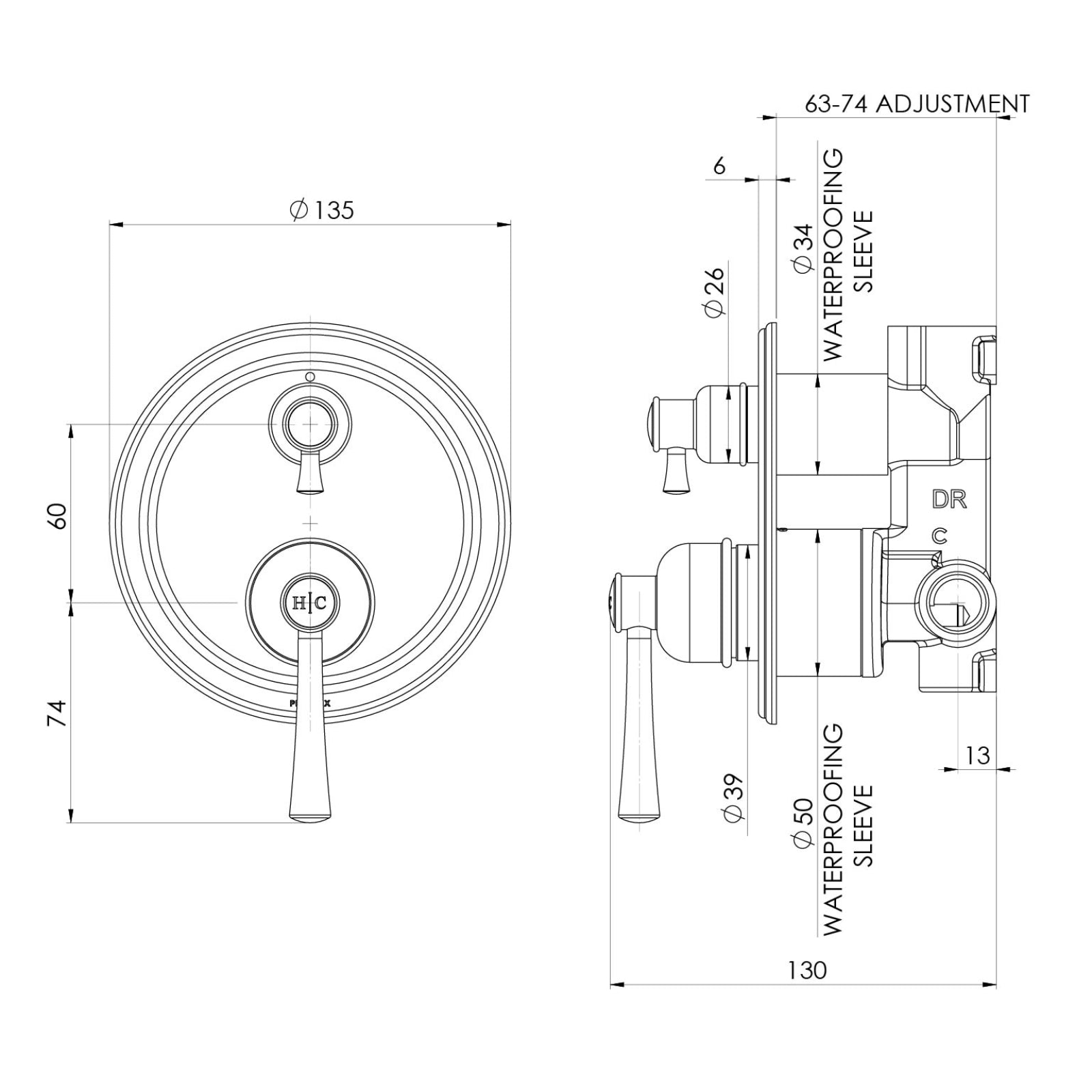 Technical Drawing Phoenix Cromford SwitchMix Shower / Bath Diverter Mixer (Complete Kit) - Brushed Gold 134-2910-12-1 - The Blue Space
