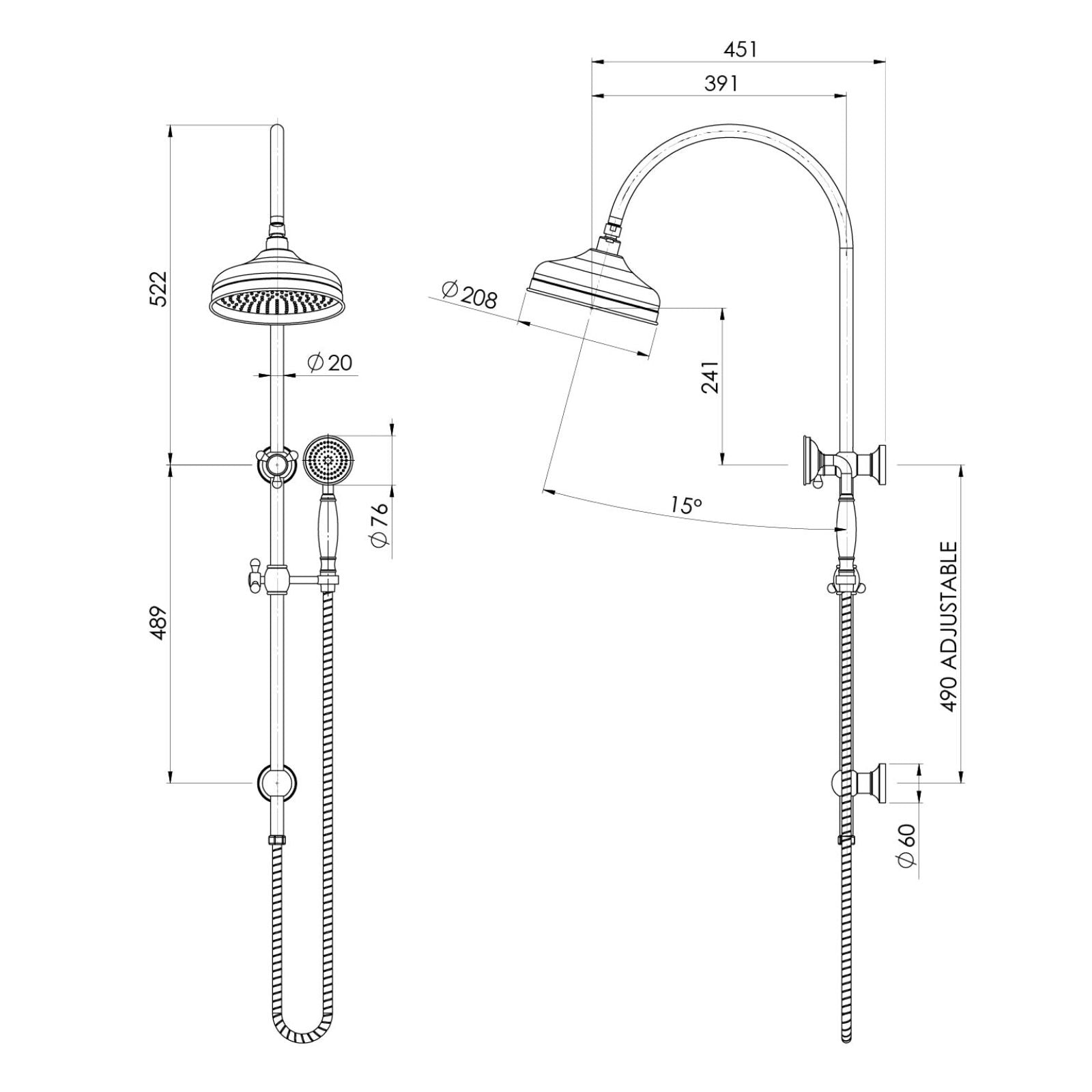 Technical Drawing Phoenix Cromford Twin Shower 210mm Rose Brushed Nickel 134-6502-40 - The Blue Space