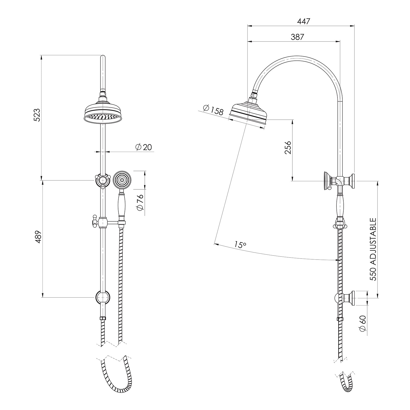 Technical Drawing Phoenix Cromford Twin Shower - Brushed Bronze 134-6510-24 - The Blue Space