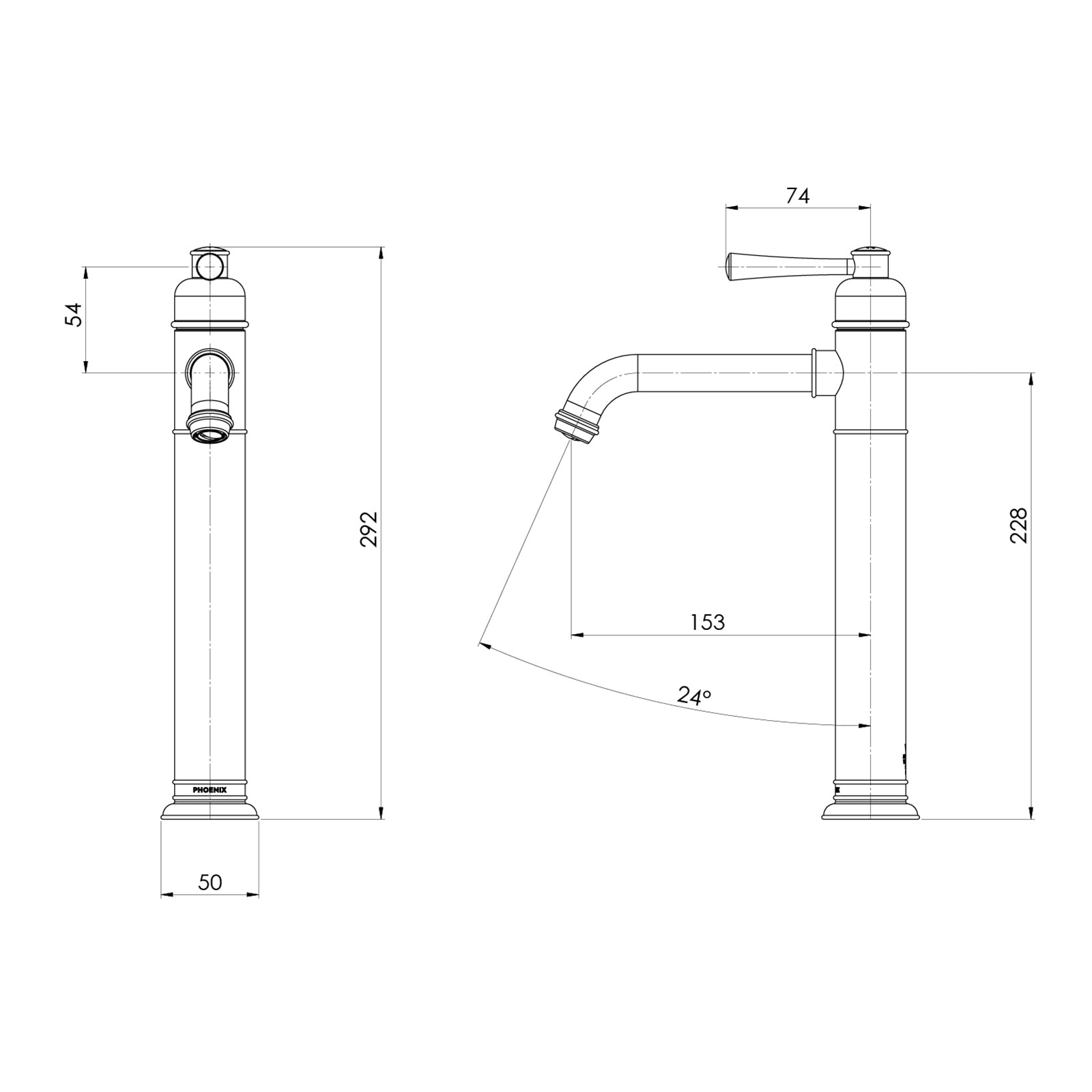 Technical Drawing Phoenix Cromford Vessel Mixer - Brushed Bronze 134-7900-24-1 - The Blue Space