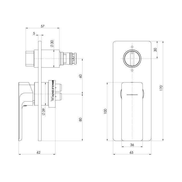 Technical Drawing Phoenix Gloss MKII SwitchMix Shower / Bath Diverter Mixer Brushed Gold - FULL KIT 135-2910-12 - The Blue Space