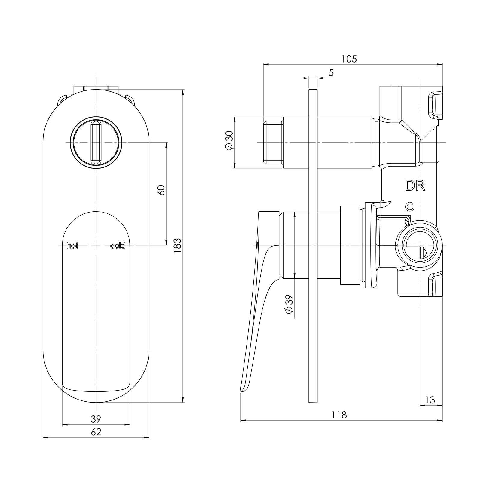 Technical Drawing Phoenix Kusabi Switchmix Shower Bath Diverter Mixer Fit Off Kit - Brushed Nickel 138-2940-40-1 - The Blue Space