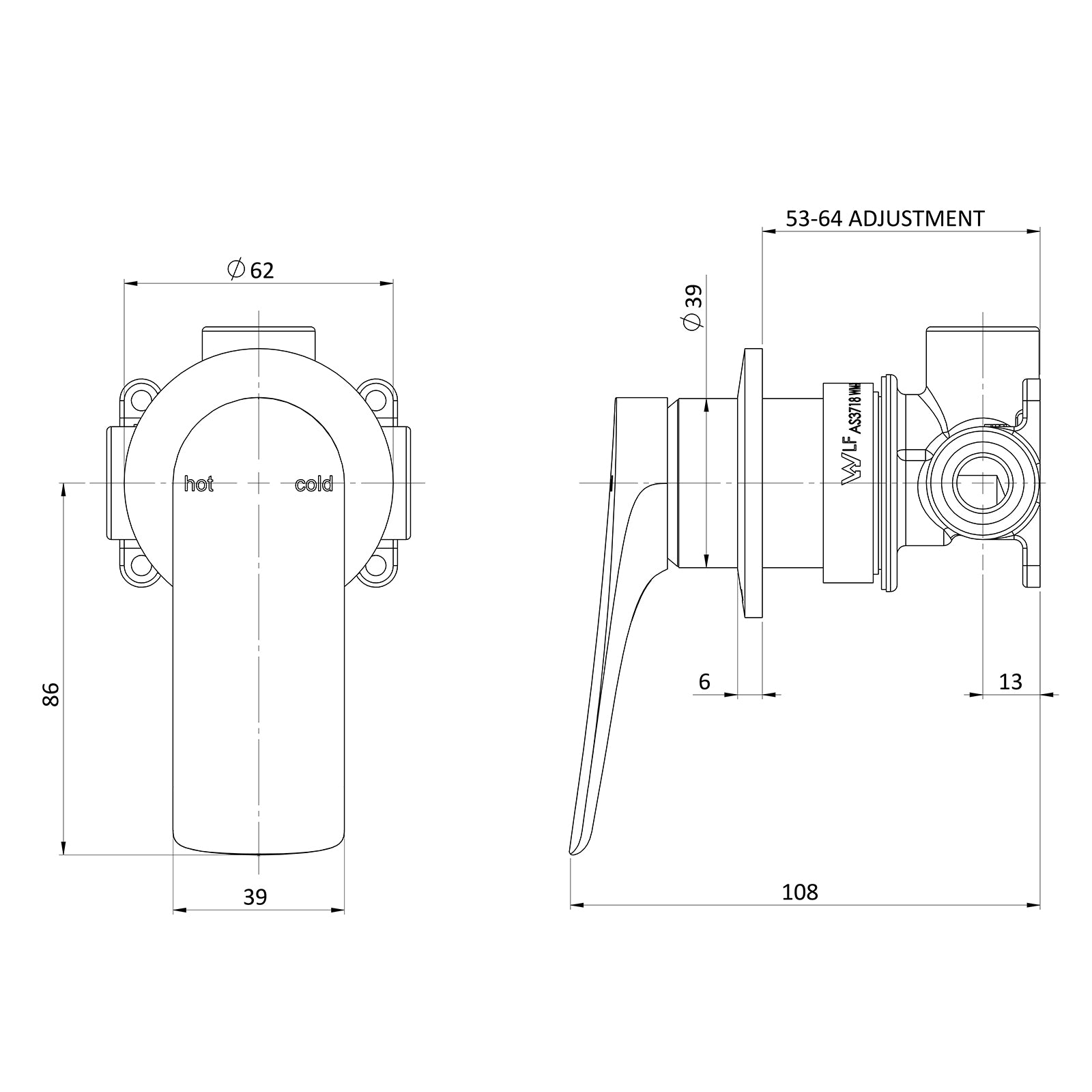 Technical Drawing Phoenix Kusabi Switchmix Shower Wall Mixer - Matte Black 138-2800-10-1 - The Blue Space