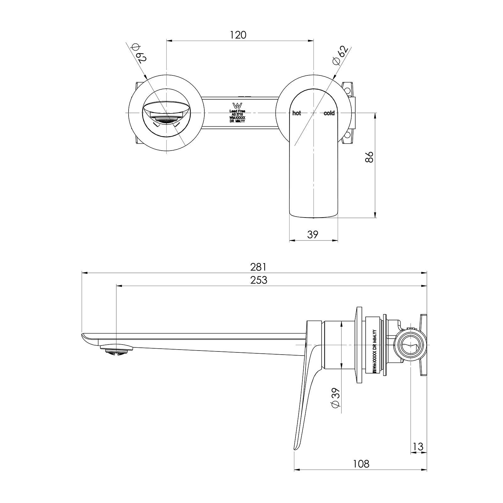 Technical Drawing Phoenix Kusabi Switchmix Wall Basin Bath Mixer Set 200mm Fit Off Kit - Brushed Nickel 138-2812-40-1 - The Blue Space