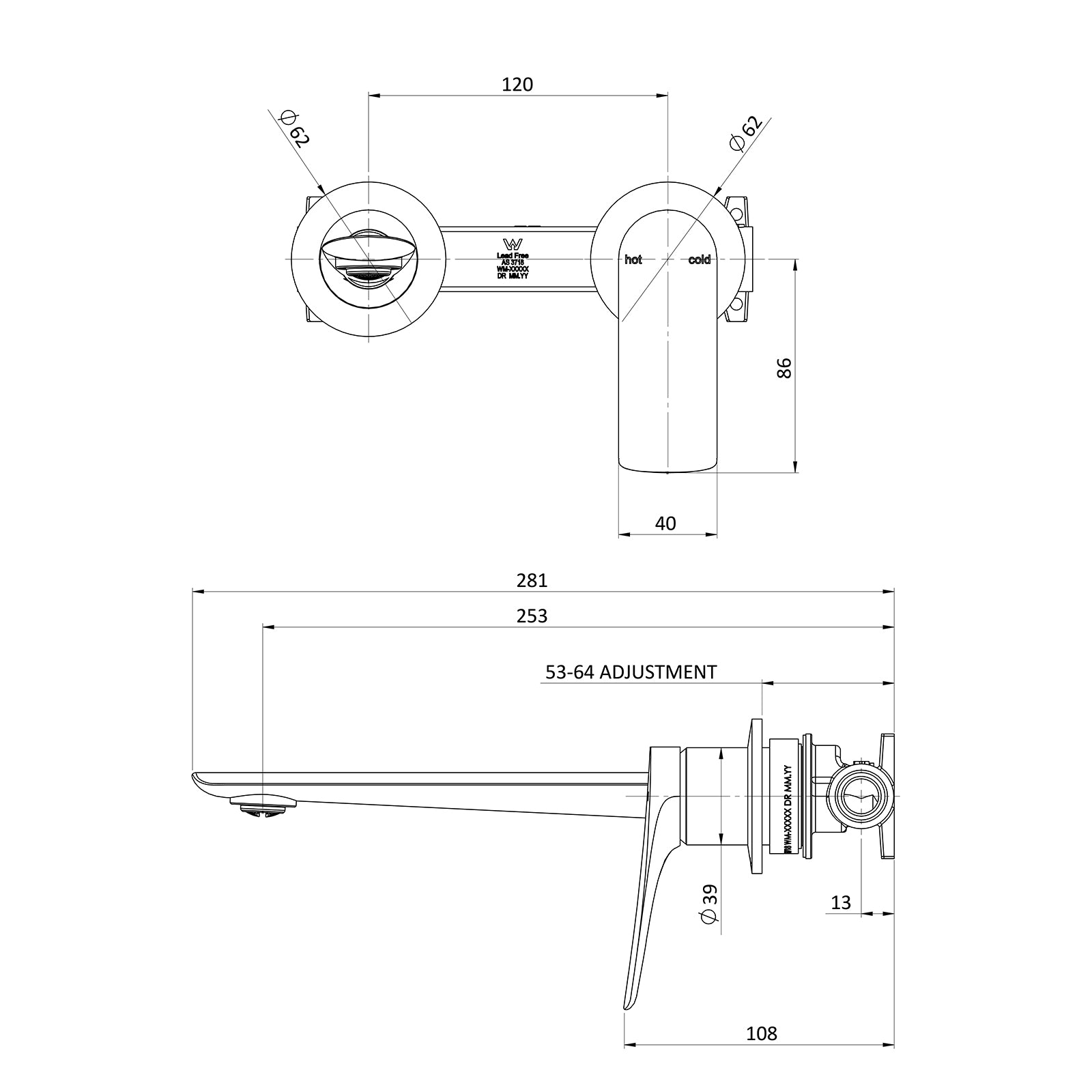 Technical Drawing Phoenix Kusabi Switchmix Wall Basin Bath Mixer Set 200mm - Matte Black 138-2810-10-1 - The Blue Space