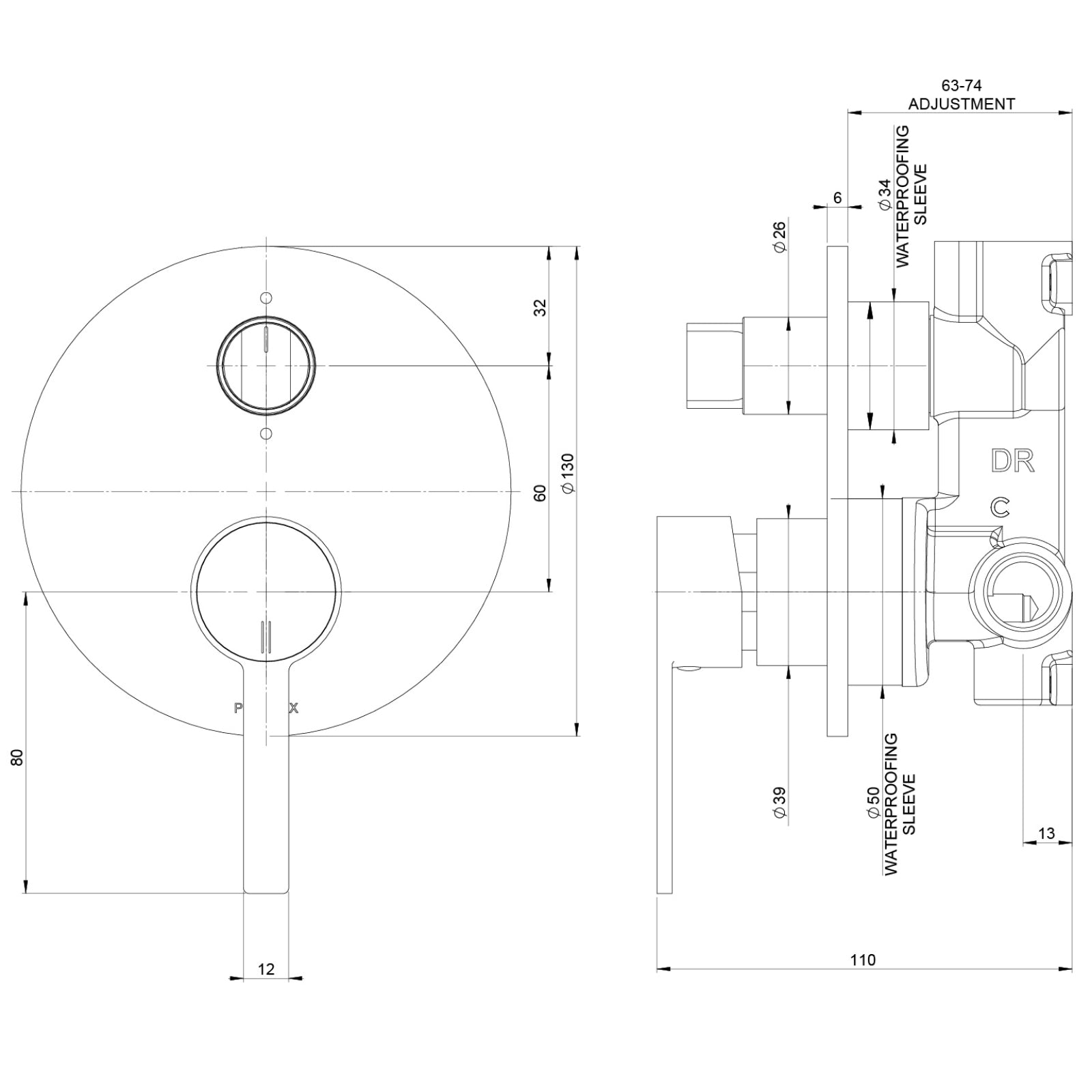 Technical Drawing Phoenix Lexi Mkii Switchmix Shower Bath Diverter Mixer - Matte Black 123-2910-10 - The Blue Space