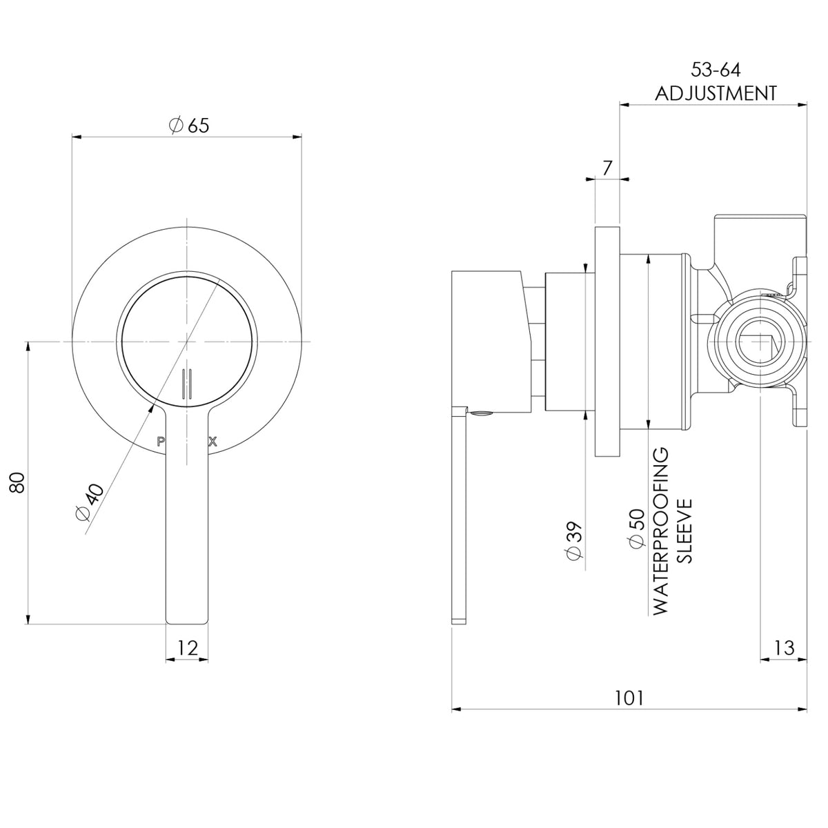 Technical Drawing Phoenix Lexi Mkii Switchmix Shower Wall Mixer - Matte Black 123-2800-10 - The Blue Space
