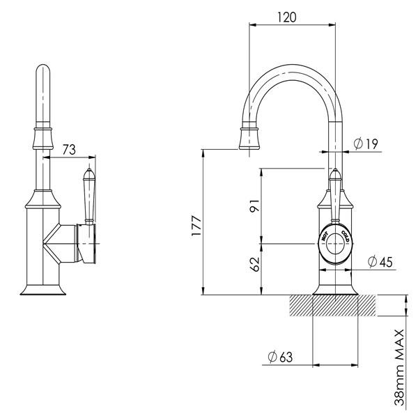 Phoenix Nostalgia Basin Mixer 120mm Gooseneck - Chrome/White - specs - line drawing and dimensions