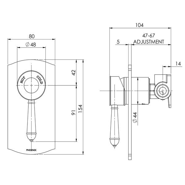 Phoenix Nostalgia Shower / Wall Mixer- Chrome/White - specs - line drawing and dimensions
