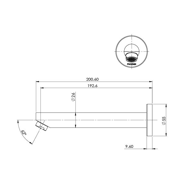 Phoenix Pina Wall Bath/Basin Outlet 180mm Technical Drawing - The Blue Space