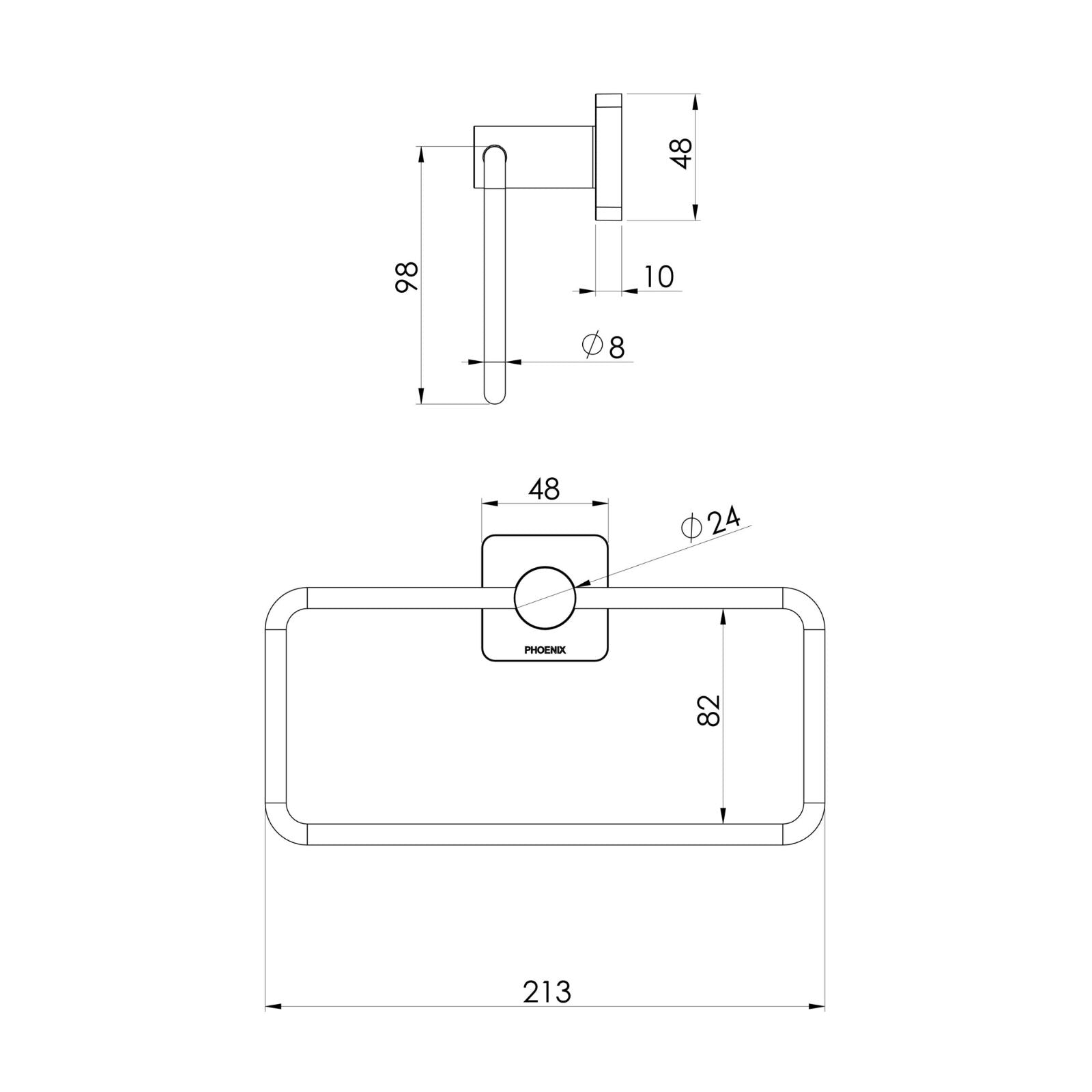 Technical Drawing Phoenix Radii SS 316 Hand Towel Holder Square Plate RS893-51 - The Blue Space