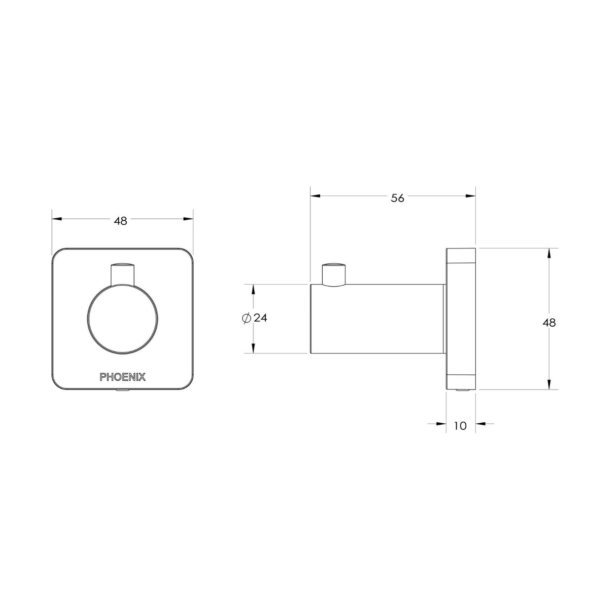 Technical Drawing Phoenix Radii SS 316 Robe Hook Square Plate RS897-51 - The Blue Space