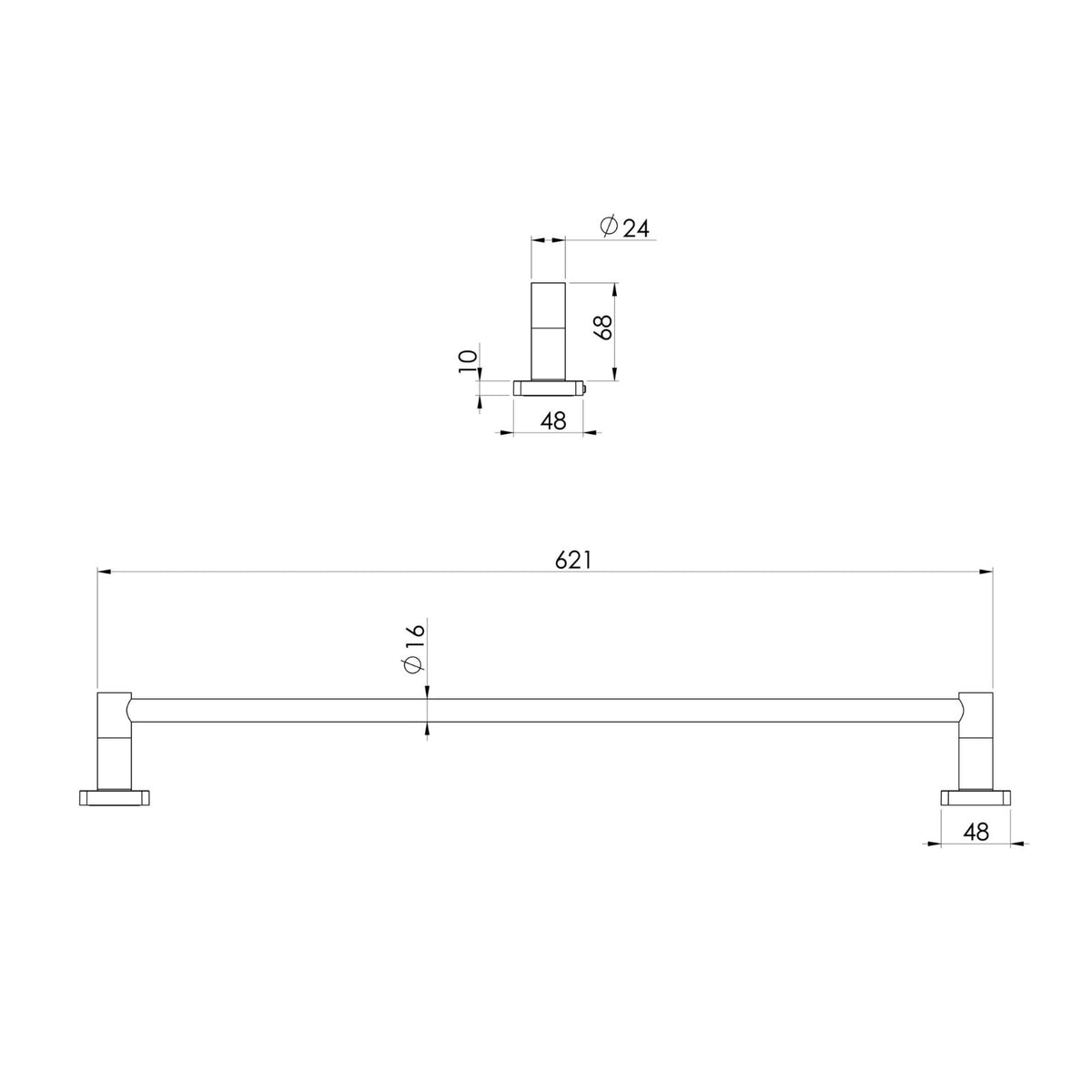 Technical Drawing Phoenix Radii SS 316 Single Towel Rail Square Plate 600mm RS804-51 - The Blue Space