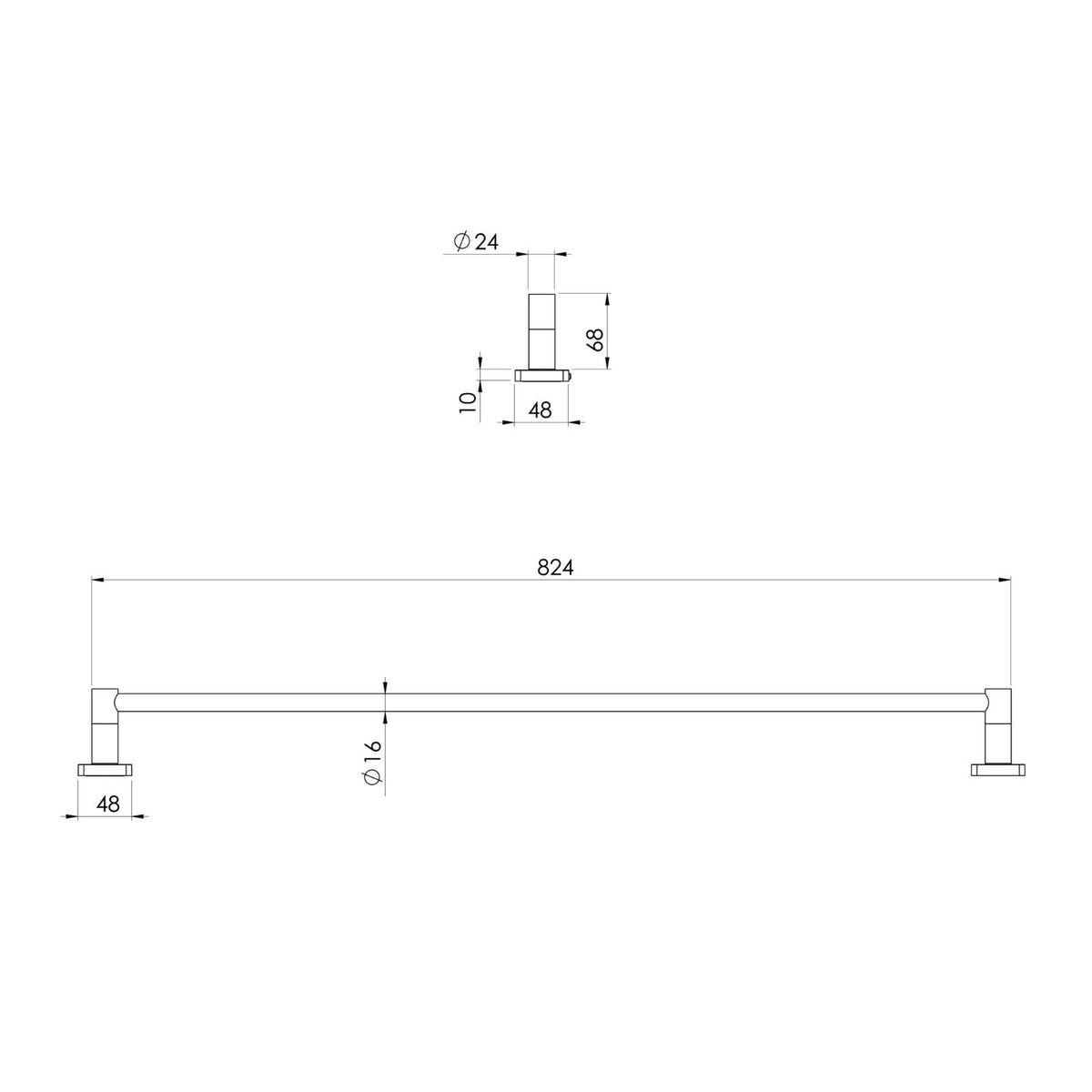 Technical Drawing Phoenix Radii SS 316 Single Towel Rail Square Plate 800mm RS803-51 - The Blue Space